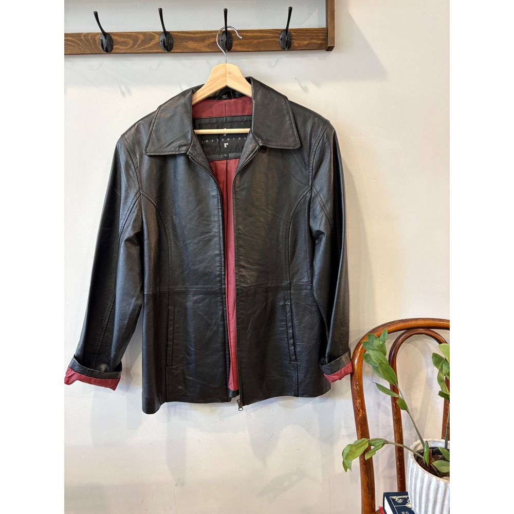 Vintage Joshua Ross Black Leather Jacket with Burgundy Lining